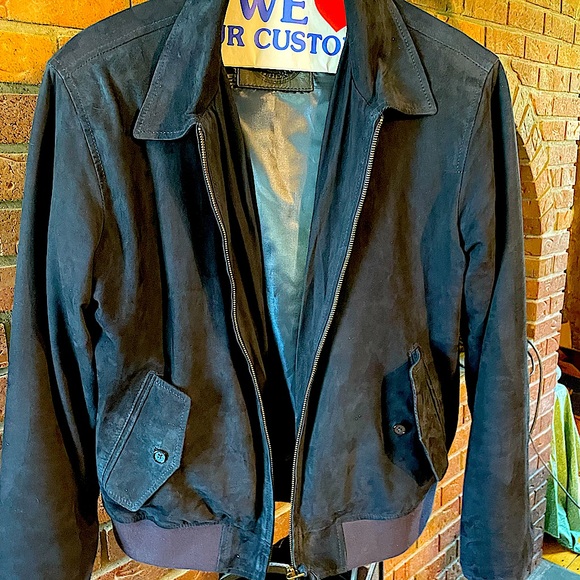NWOT Blue Navy Suede(lamb skin) bomber jacket 40 R Bespoke(made to order) TOPS!!